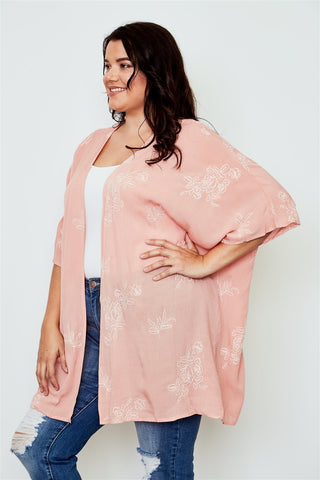 Plus Size Floral Embroidered Kimono - Coral